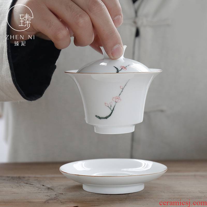 By mud hand - made tureen jingdezhen only thin foetus kung fu tea bowl white porcelain three bowl of checking ceramic bowl