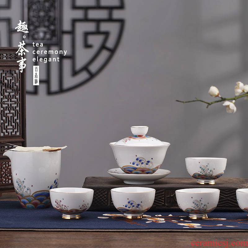 Colored enamel kung fu tea set suit visitor home office high - grade ceramic white porcelain teacup tureen of a complete set of gift box