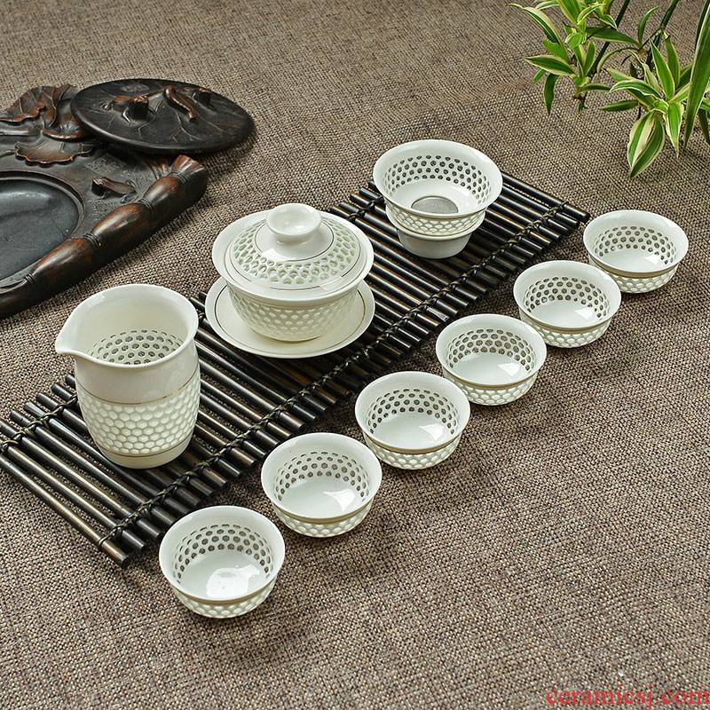 To the as porcelain and white porcelain kung fu tea set suit household contracted hollow honeycomb porcelain cups and exquisite tureen clearance