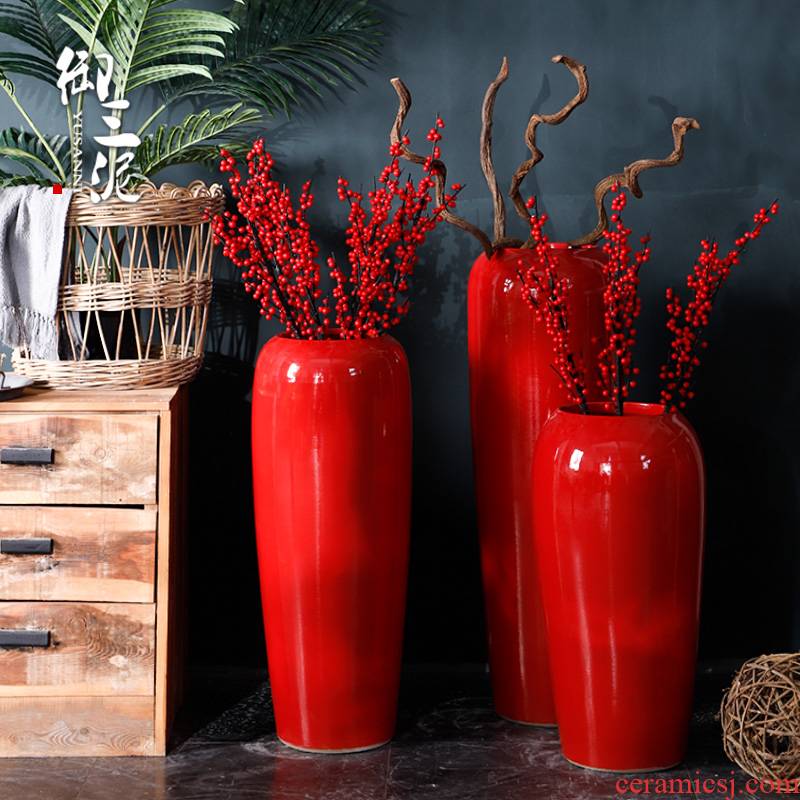 Red Chinese jingdezhen ceramics creative household plug-in artificial flowers dried flower adornment of I sitting room place ground vase