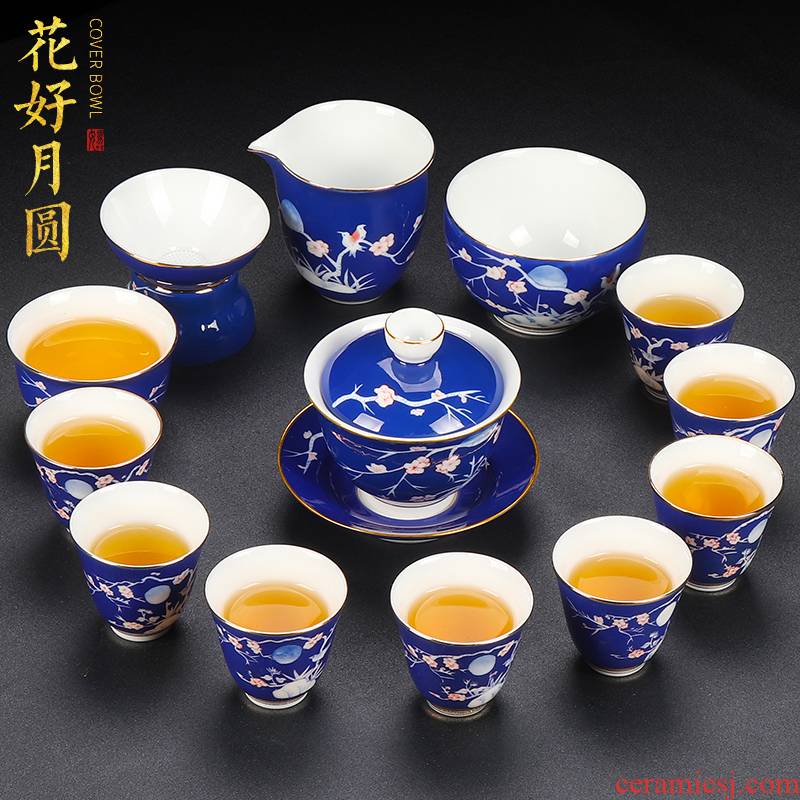 Dehua ceramic kung fu tea set suit household contracted office cup lid bowl of a complete set of gift boxes