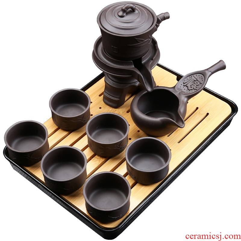 Violet arenaceous semi automatic stone mill of a complete set of lazy household solid wood tea set kung fu tea tray drawer tea pot