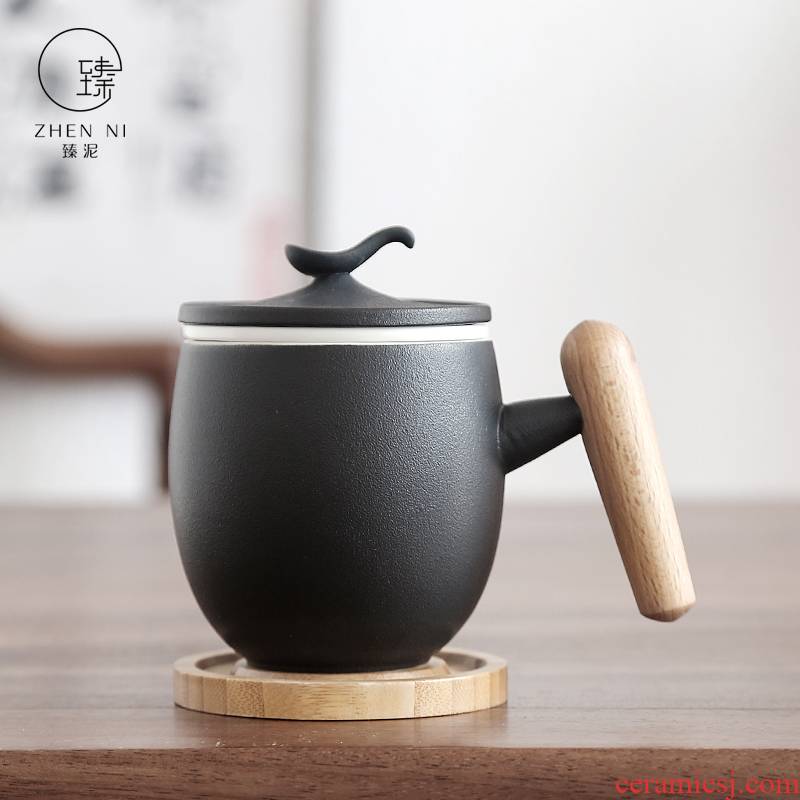 By mud wooden handle with cover glass ceramic filter keller, black pottery handwork office of large capacity make tea cup