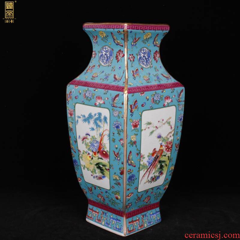 Jingdezhen imitation qianlong blue birds and flowers to sifang colored enamel vase of sitting room adornment of new Chinese style antique antique furnishing articles