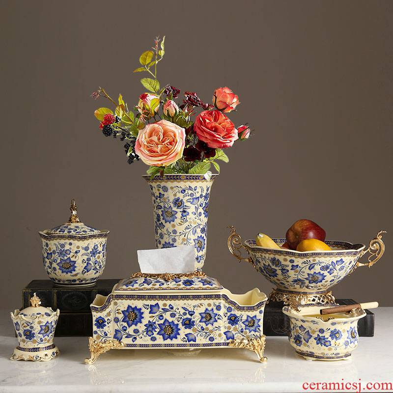 Tang 's manor European - style key-2 luxury fruit bowl suit furnishing articles sitting room tea table decoration art blue and white porcelain bowl