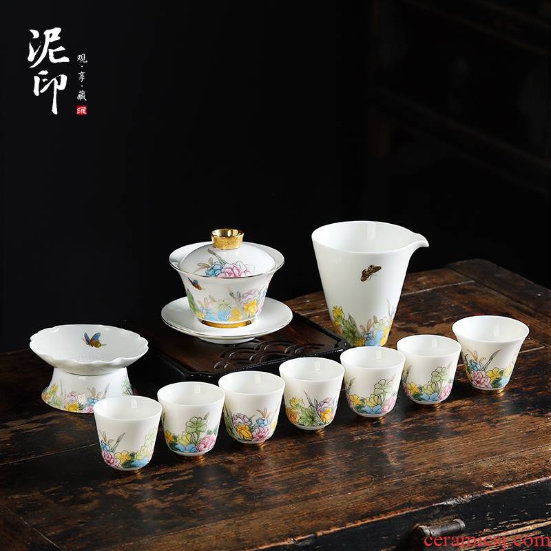 Mud printed language welcome white porcelain tea set the whole household tureen suet jade porcelain hand - made kung fu tea gift box
