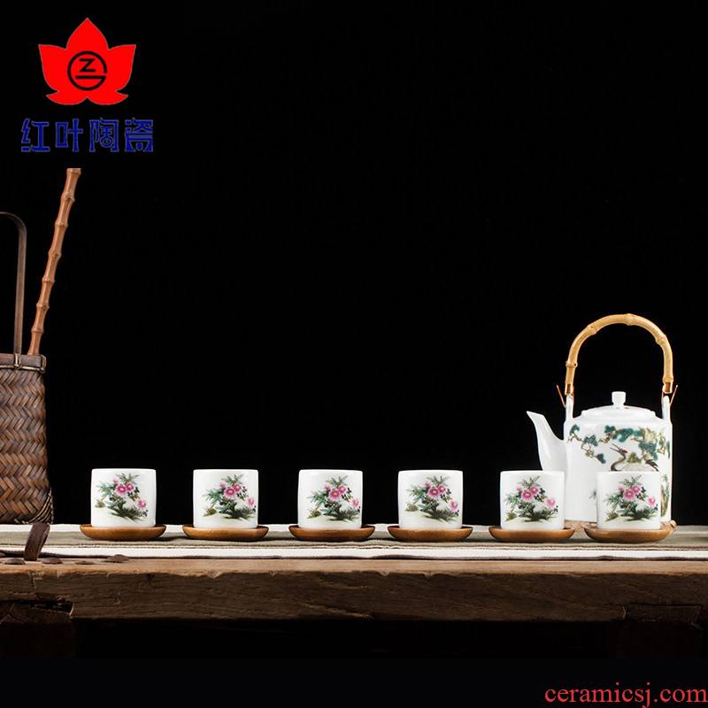 Red high temperature fine white porcelain porcelain kung fu tea set the teapot tea cups of a complete set of household pine crane, live
