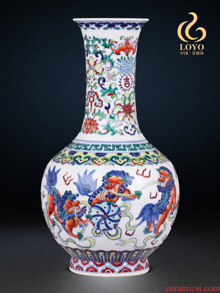 Jingdezhen ceramic furnishing articles imitation the qing qianlong blue color bucket a surname little lion ball vase household decorations