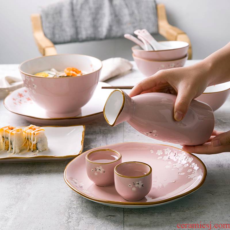 Inscription creative Japanese under pink cherry blossoms hand - made glaze ceramic tableware household festival gift set
