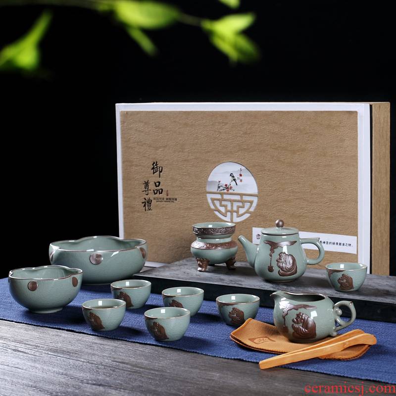 Brother kung fu tea set suit household zen style restoring ancient ways of jingdezhen ceramic up crack glaze cup teapot gift box