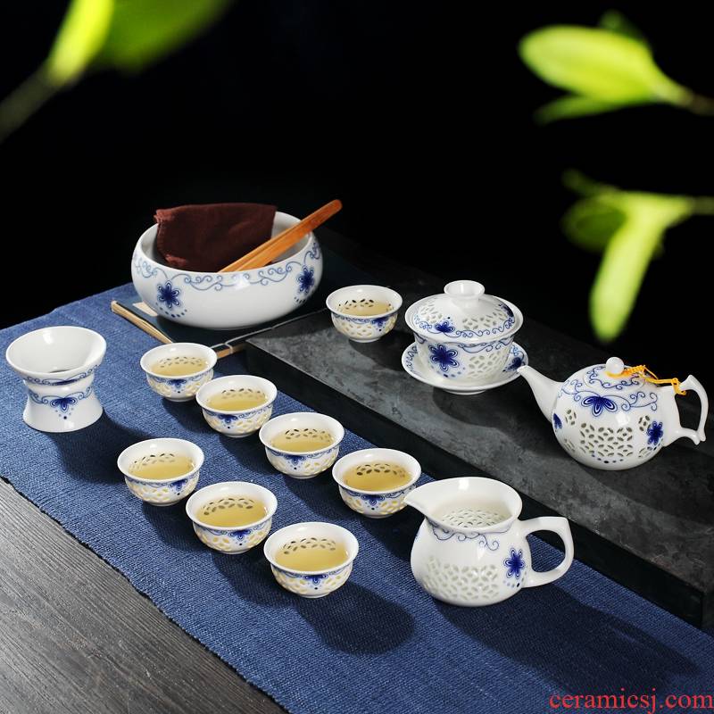 Kung fu tea set suit blue and white and exquisite small household contracted jingdezhen ceramic cup teapot office gift boxes