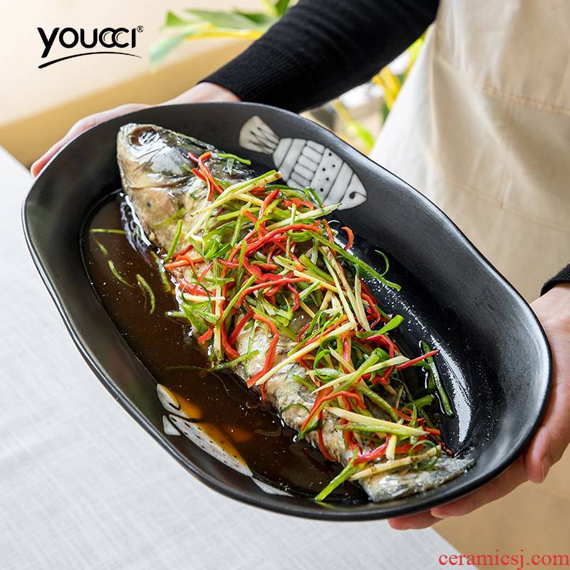 Youcci porcelain Japanese leisurely new creative household large ceramic fish dishes irregular shaped black food dish