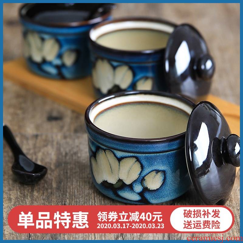 "Yuquan" xin LAN with cover ceramic seasoning salt pot, sugar pot seasoning bottle under the glaze color seasoning box of three - piece suit