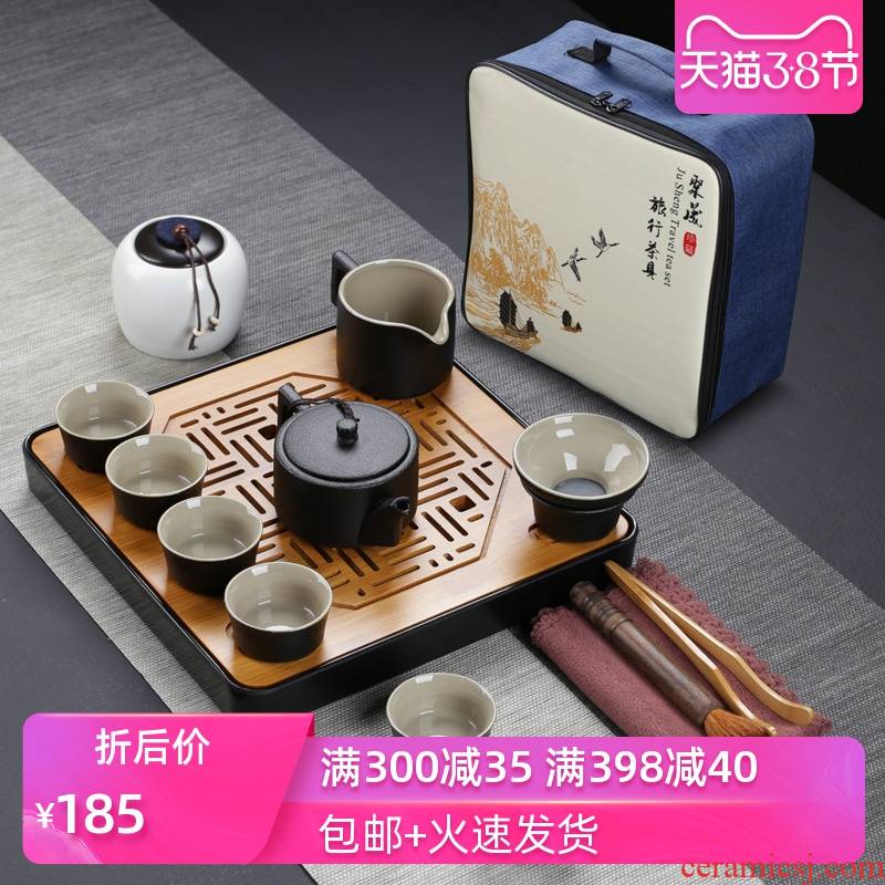 Poly real (sheng Japanese black pottery portable travel tea set kung fu tea teapot teacup of a complete set of ceramic tea set tea tray