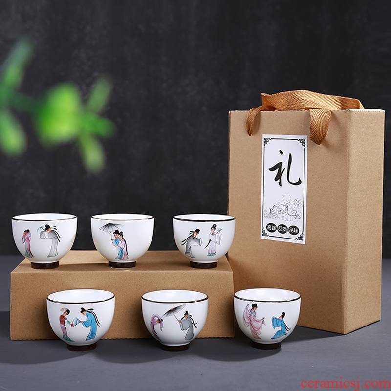Leopard lam, 6 pack kung fu tea cups of jingdezhen ceramic tea set, cup sample tea cup household ipads porcelain white porcelain dehua