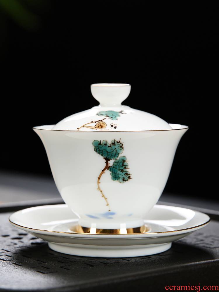Hand - made tureen ceramic cups kung fu tea set domestic large tureen tea bowl white porcelain and three cups