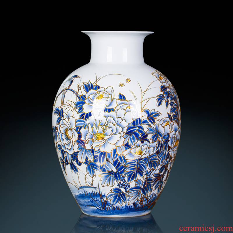 Famous master of jingdezhen ceramics hand - made paint large blue and white porcelain vase peony Chinese sitting room adornment is placed