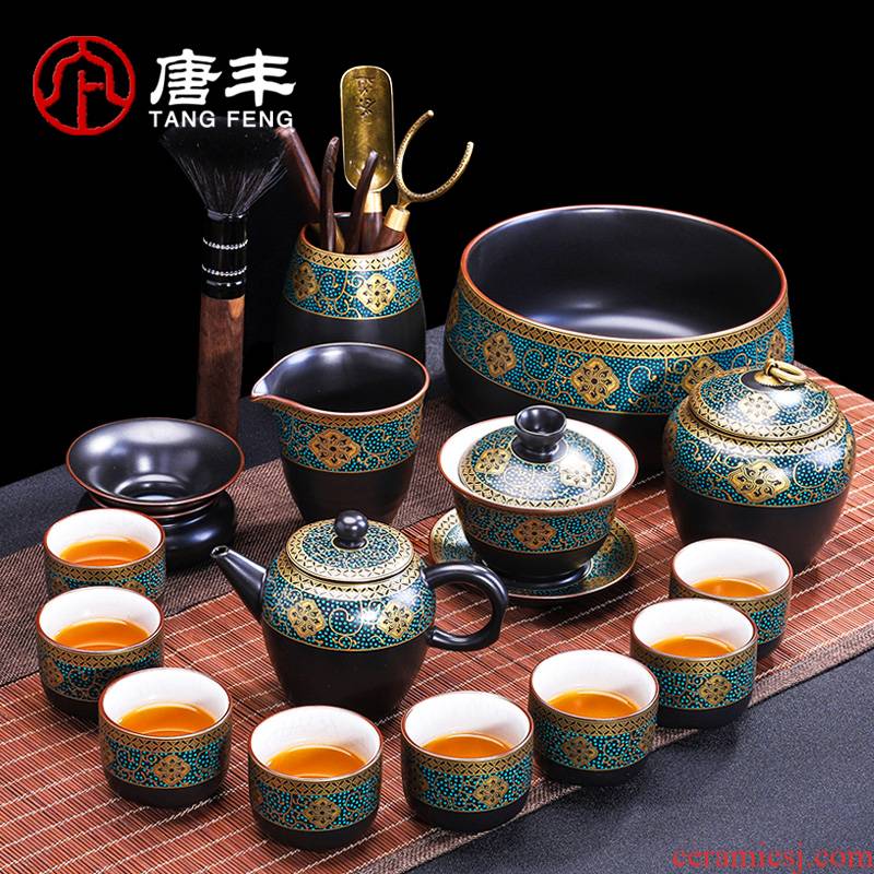 Tang Feng kung fu tea set ceramic teapot gold tureen sample tea cup Chinese style household xiyu built light pours tea set