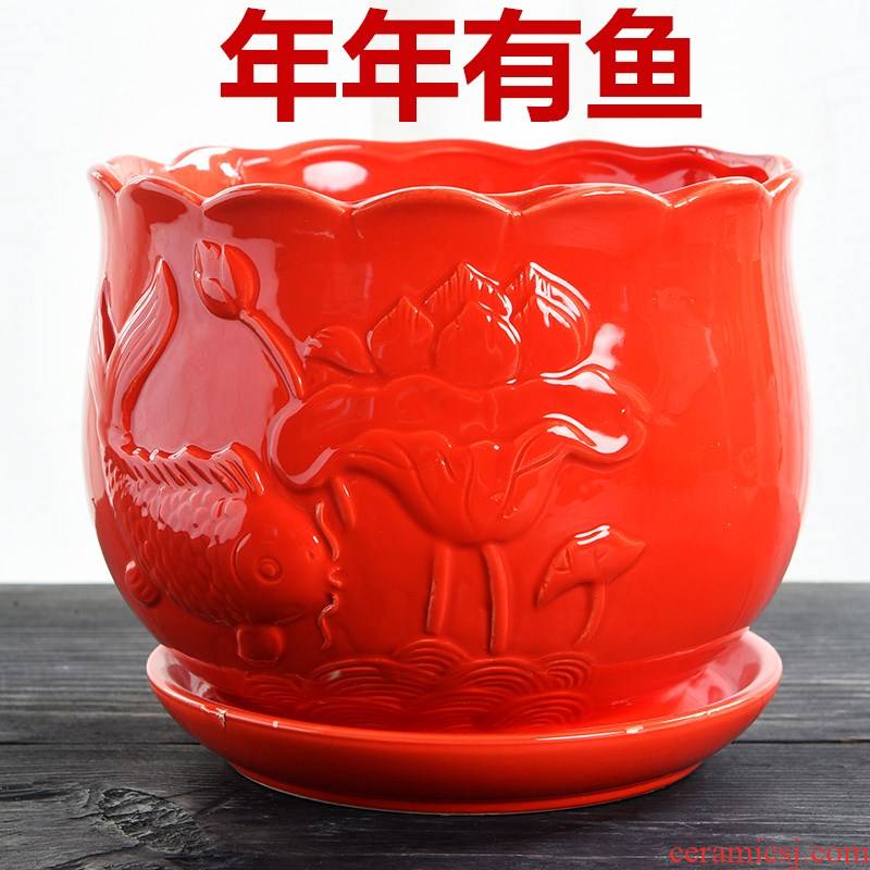 Red flower pot with ceramic tray was simple Chinese wind large household green plant new big Red money plant flower pot