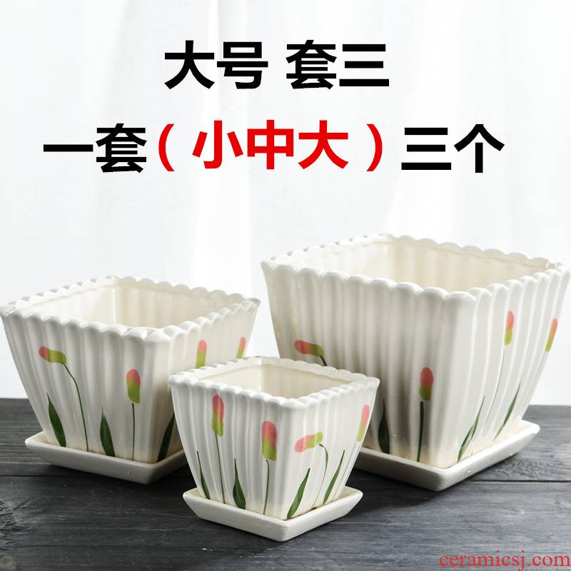 Flowerpot indoor large - sized ceramic square with tray was creative move contracted white contracted more than other meat Flowerpot
