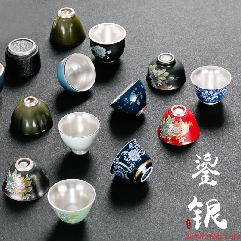 NiuRen coppering. As 999 silver cup up silver see household use master sample tea cup of blue and white porcelain cup personal cup