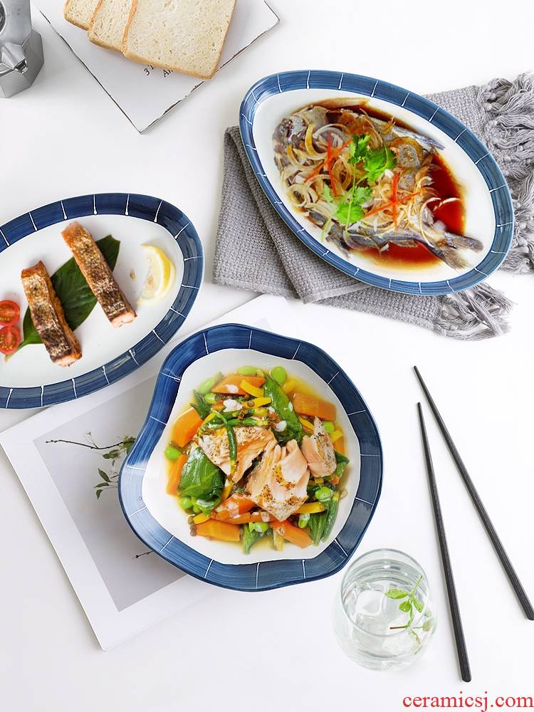 Three ceramic Japanese blue series of fish dish ltd. restaurant scene creative oval household steamed fish dishes