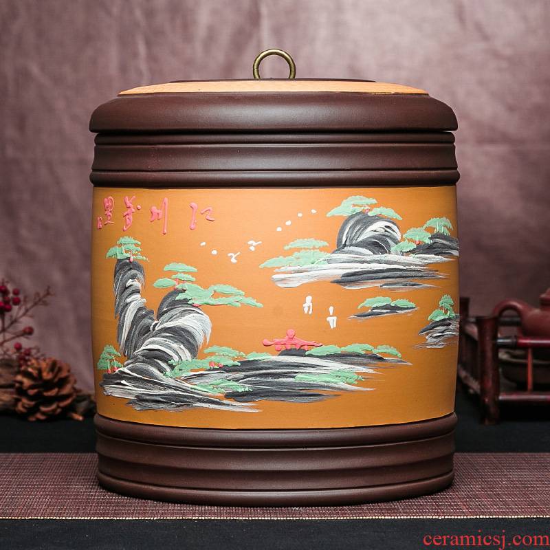 Yixing purple sand tea pot oversized waist line manual sealing wake pu 'er tea ware ricer box seven cake store ceramic cylinder