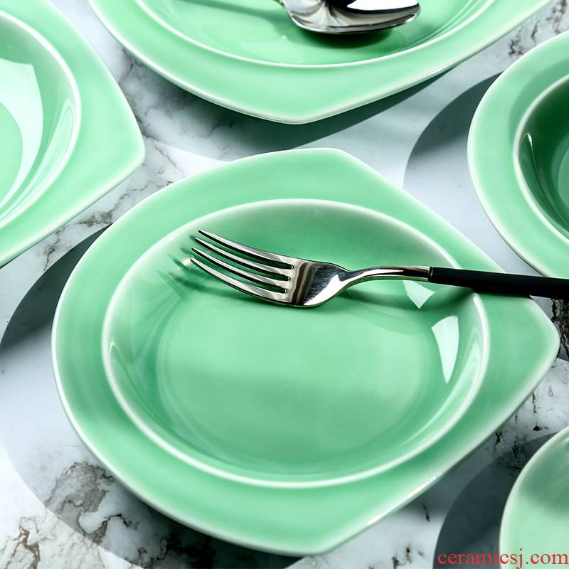 Longquan celadon plate creative irregular food dish ceramic household Chinese tableware breakfast steak pan large plate