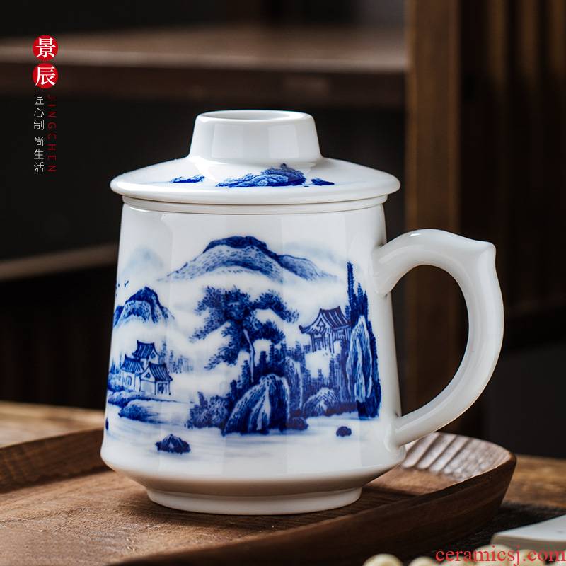 Jingdezhen blue and white porcelain hand - made ceramic filter cups cup white porcelain enamel large - sized office cup tea cups with cover