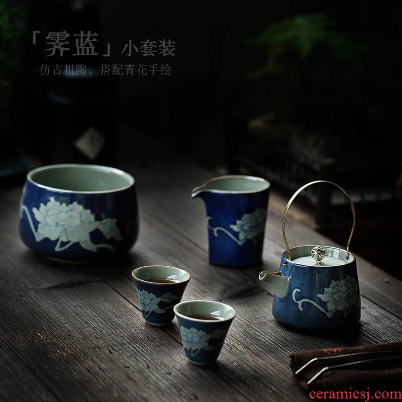 ShangYan kung fu tea set suit household contracted small tea set girder of blue and white porcelain pot cup restoring ancient ways is a complete set of the teapot