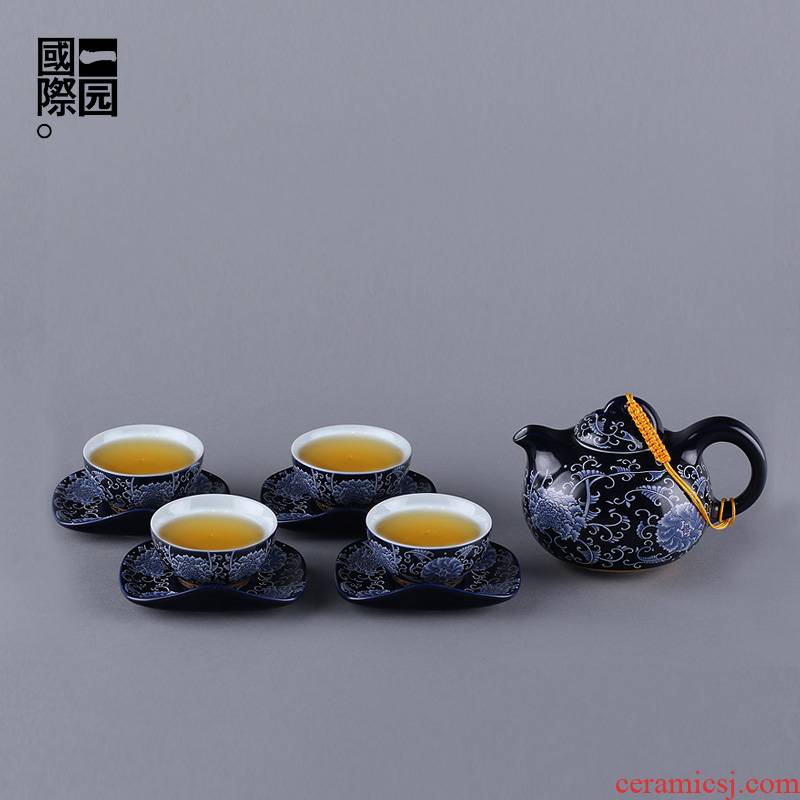 A garden international household together the combination of A pot of four cups of ceramic tea set gift box kung fu tea set