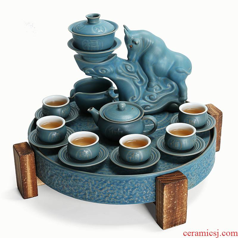 True sheng zodiac ceramic tea set suits for the modern Chinese style automatic kung fu home coarse ceramic tea set lazy person