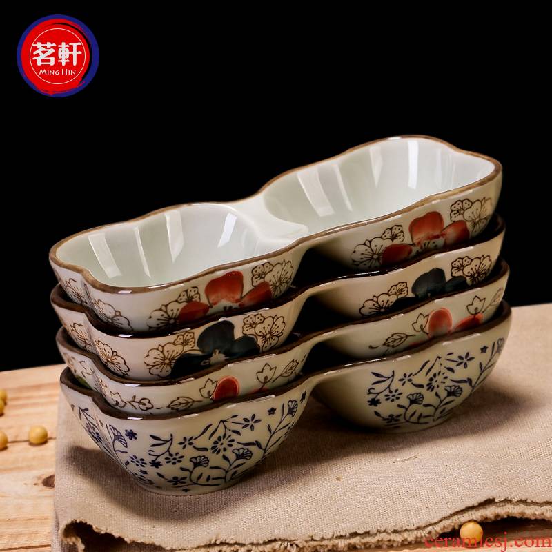 Japanese flavour dishes taste ceramic bowl double lattice plate plate under the glaze color tableware flavor dish dipping sauce dish of snacks