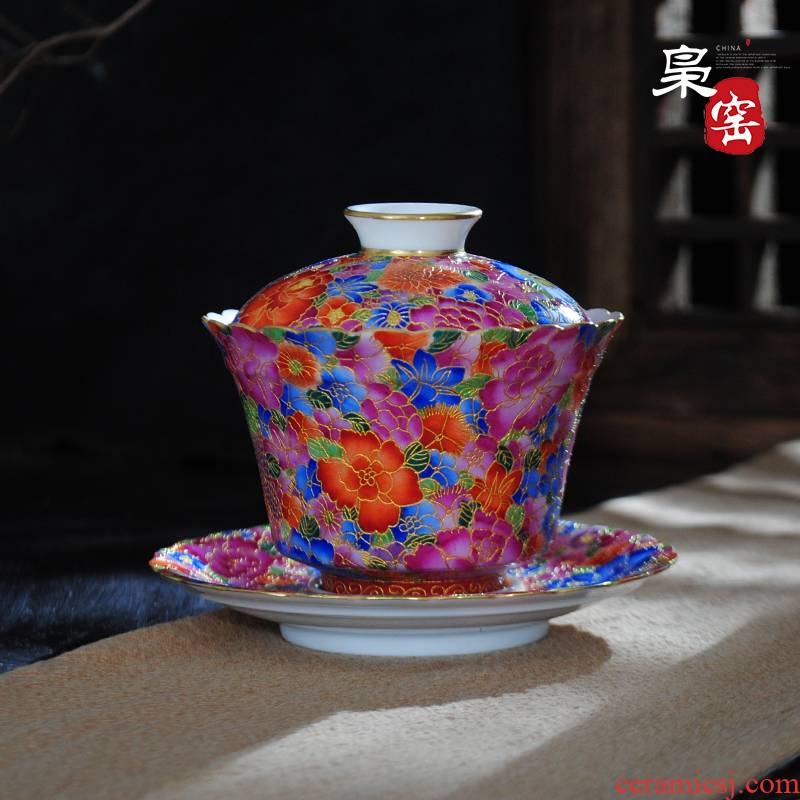 Jingdezhen ceramics by hand tureen large cups hand - made kung fu tea set three wire inlay enamel see lotus to bowl