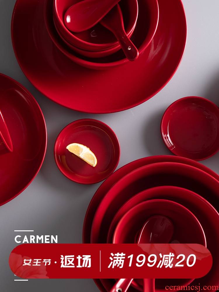 And Carmen red dishes suit Chinese ceramic tableware household ears bowl of pure color dishes wedding gifts