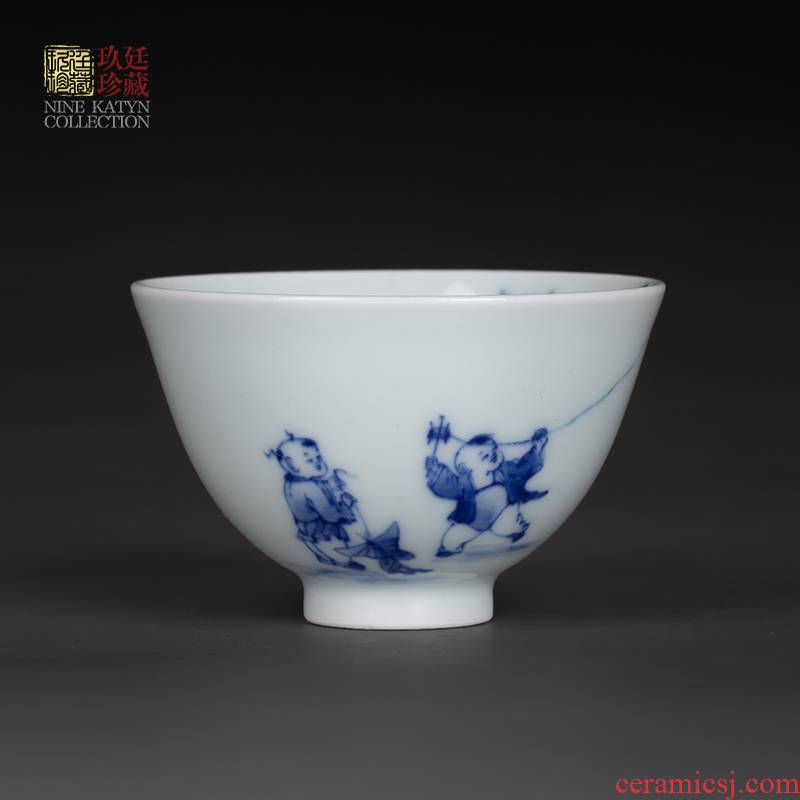 About Nine katyn manual archaize ceramic cups jingdezhen blue and white glaze hand - made color kung fu tea set sample tea cup under single CPU