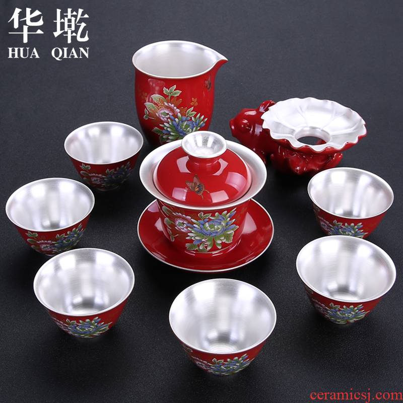 China Qian coppering. As 999 sterling silver tea set tea tureen tea cups of a complete set of household ceramics kung fu tea taking