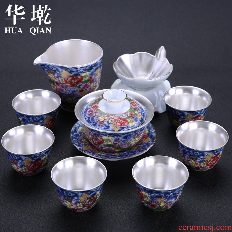China Qian household contracted colored enamel tea set a complete set of ceramic tea tureen coppering. As 999 sterling silver, kung fu tea taking
