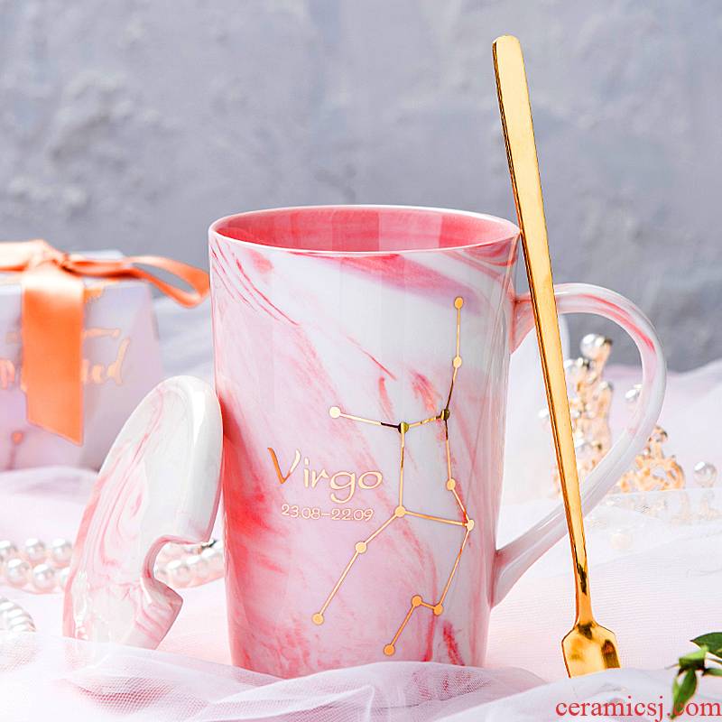 Creative glass ins Nordic lovely female move trend ceramic spoon coffee cup constellation keller cup with cover