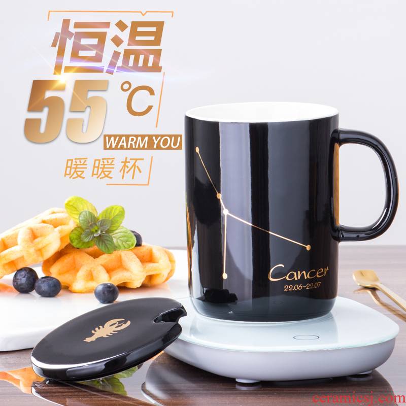Constant temperature of 55 ℃ degrees ceramic cup European cup coffee cup with cover spoon couples mark automatic heat preservation heat the water