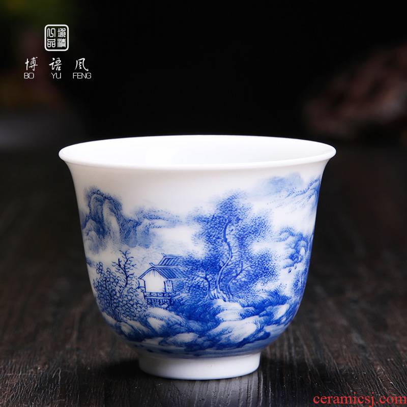 His mood yipin Wang Chenfeng jingdezhen blue and white landscape single CPU high - grade ceramic cups a single master cup sample tea cup