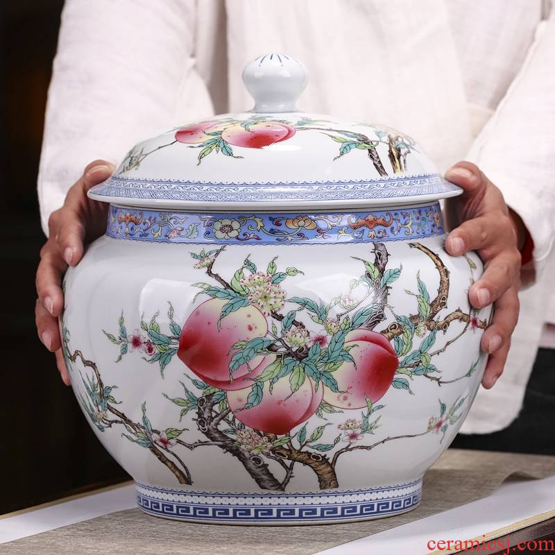 Jingdezhen ceramics powder enamel nine peach tea pot large household seal pot puer tea cake tea urn with cover