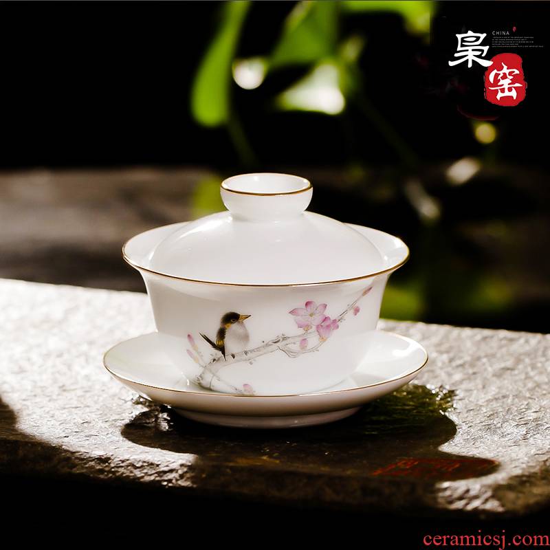 Jingdezhen ceramic powder enamel tureen hand - made painting of flowers and kung fu tea tea cup three medium bowl to bowl the magpies