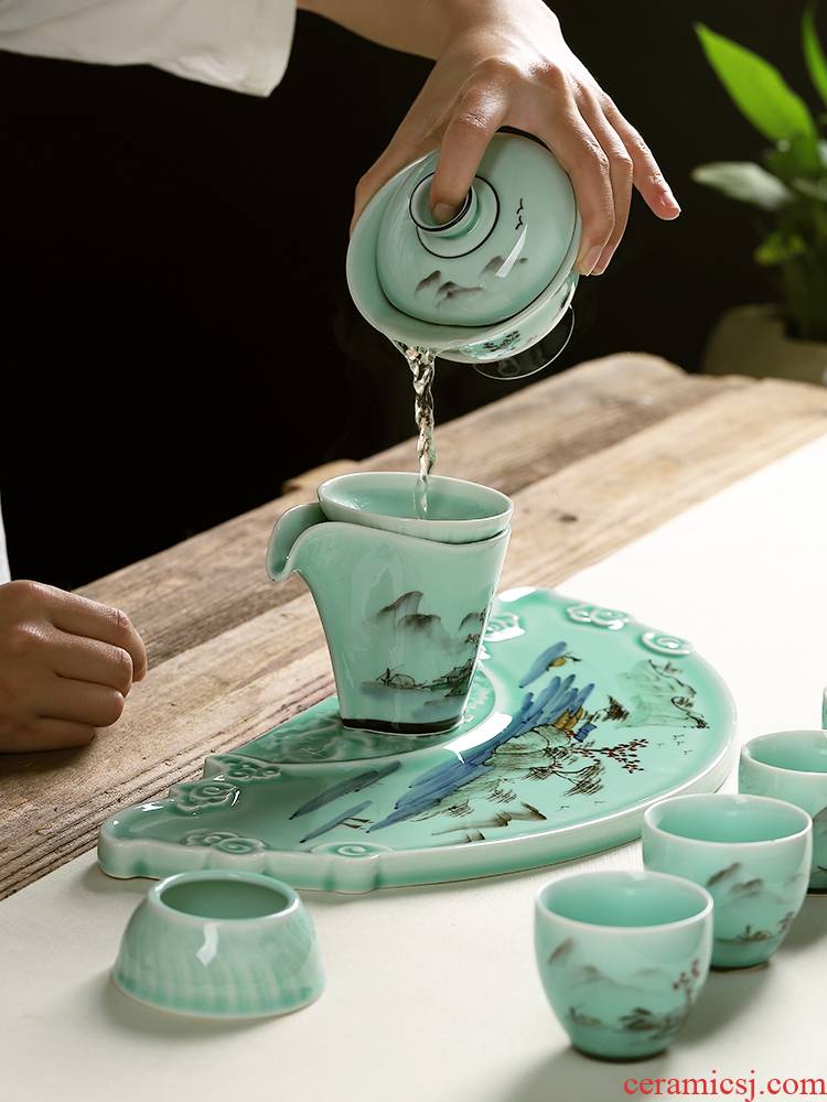 Mud seal hand - made celadon ceramics kung fu tea set with tea tray was home six people landscape feel plate