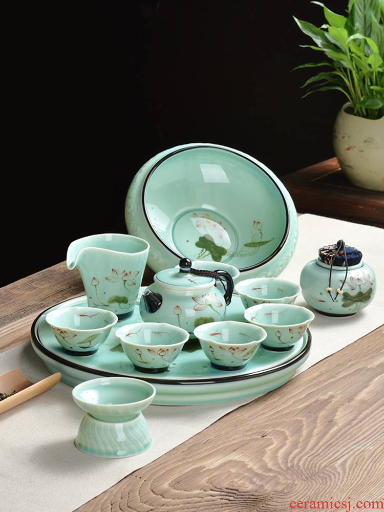 Longquan celadon mud seal kung fu tea set hand made lotus large household utensils of a complete set of tea cups