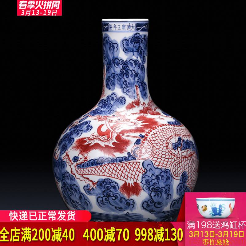 Jingdezhen ceramics imitation yongzheng hand - made antique blue and white porcelain dragon vase flower arranging Chinese style living room home furnishing articles
