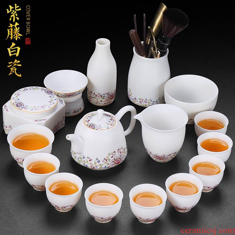 White porcelain hand - made creative kung fu tea set household contracted suet jade ceramic cups tureen of a complete set of tea sets