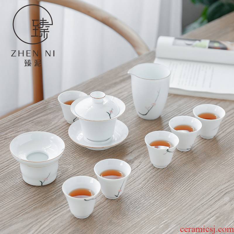 By mud hand - made kung fu tea set kit jingdezhen thin foetus white porcelain tureen tea cup set set of household ceramic bowl
