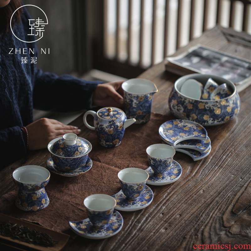 By mud jingdezhen colored enamel kung fu tea set suit household manual set of famille rose porcelain teapot teacup tureen