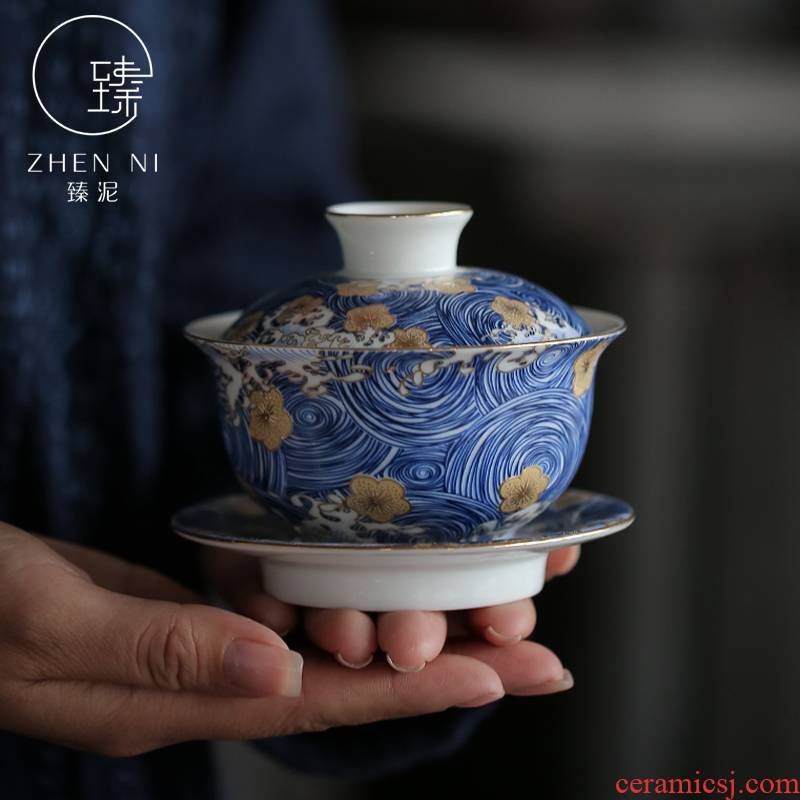 By mud jingdezhen three to bowl of blue and white porcelain enamel tureen checking enamel household kung fu tea set to use